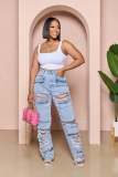 Women's Summer Loose High Waist Wide Leg Ripped Denim Pants Casual Jeans