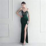 Women Velvet Sequined Annual Meeting Maxi Mermaid Evening Dress