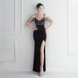 Women Velvet Sequined Annual Meeting Maxi Mermaid Evening Dress