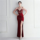 Women Velvet Sequined Annual Meeting Maxi Mermaid Evening Dress