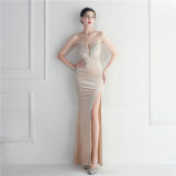 Women Velvet Sequined Annual Meeting Maxi Mermaid Evening Dress