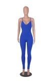Women's Solid Color Rib Sling Deep V Tank with Chest Pad Casual Yoga Jumpsuit Ladies
