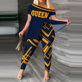 Printed Plus Size Contrasting Slash Shoulder Multicolor Slim Fit Short Sleeve Slim Fit Plus Size Set