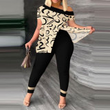 Printed Plus Size Contrasting Slash Shoulder Multicolor Slim Fit Short Sleeve Slim Fit Plus Size Set