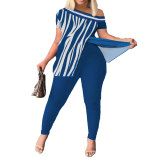 Printed Plus Size Contrasting Slash Shoulder Multicolor Slim Fit Short Sleeve Slim Fit Plus Size Set