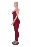 Women's Solid Color Rib Sling Deep V Tank with Chest Pad Casual Yoga Jumpsuit Ladies