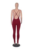 Women's Solid Color Rib Sling Deep V Tank with Chest Pad Casual Yoga Jumpsuit Ladies