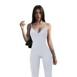 Women's Solid Color Rib Sling Deep V Tank with Chest Pad Casual Yoga Jumpsuit Ladies
