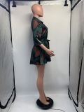 Spring Summer Loose Digital Printing Button Up Cardigan Half-Sleeve Open Pocket Belt Dress Jacket