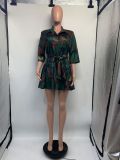 Spring Summer Loose Digital Printing Button Up Cardigan Half-Sleeve Open Pocket Belt Dress Jacket