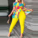 Printed Plus Size Contrasting Slash Shoulder Multicolor Slim Fit Short Sleeve Slim Fit Plus Size Set