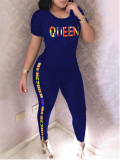 Casual Letter Print Short Sleeve Loungewear Stripe Two-Piece Pants Set For Women