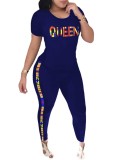 Casual Letter Print Short Sleeve Loungewear Stripe Two-Piece Pants Set For Women