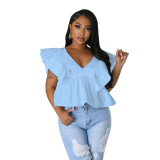 Women's V-Neck Low Back Tie Fly Sleeve Printed Top
