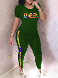 Casual Letter Print Short Sleeve Loungewear Stripe Two-Piece Pants Set For Women