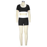 Fitness Women's Sexy Color Contrast U-Neck Short-Sleeved Crop Yoga Top Shorts Two-Piece Set