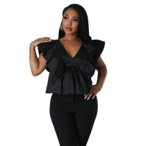 Women's V-Neck Low Back Tie Fly Sleeve Printed Top Women's V-Neck Low Back Tie Fly Sleeve Printed Top