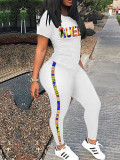 Casual Letter Print Short Sleeve Loungewear Stripe Two-Piece Pants Set For Women