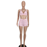 Ladies Fashion Sexy Solid Color Denim Two-Piece Shorts Set