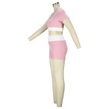 Fitness Women's Sexy Color Contrast U-Neck Short-Sleeved Crop Yoga Top Shorts Two-Piece Set