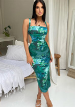 Women's Summer Fashion Print Low Back Lace-Up Slim Strap Dress