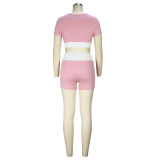 Fitness Women's Sexy Color Contrast U-Neck Short-Sleeved Crop Yoga Top Shorts Two-Piece Set