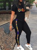 Casual Letter Print Short Sleeve Loungewear Stripe Two-Piece Pants Set For Women