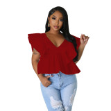 Women's V-Neck Low Back Tie Fly Sleeve Printed Top