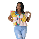 Women's V-Neck Low Back Tie Fly Sleeve Printed Top