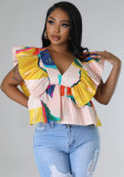 Women's V-Neck Low Back Tie Fly Sleeve Printed Top