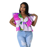 Women's V-Neck Low Back Tie Fly Sleeve Printed Top