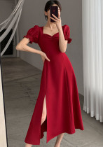 Women Summer French Style Puff Sleeve Square Neck Slit Long Dress Women Summer French Style Puff Sleeve Square Neck Slit Long Dress
