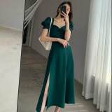 Women Summer French Style Puff Sleeve Square Neck Slit Long Dress
