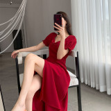 Women Summer French Style Puff Sleeve Square Neck Slit Long Dress