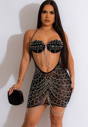 Women Sexy Beaded Tassel See-Through Bodycon Dress