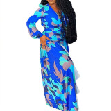 Spring women's retro printed deep v slit slim-fit long dress