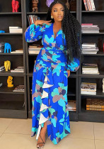 Spring women's retro printed deep v slit slim-fit long dress Spring women's retro printed deep v slit slim-fit long dress