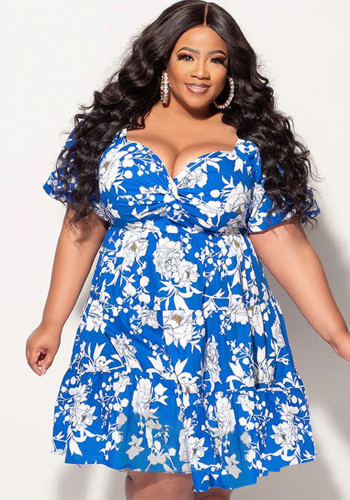 Summer Plus Size Women's Printed Dress Sexy Fashion Casual V Neck Midi Dress