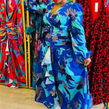 Spring women's retro printed deep v slit slim-fit long dress