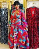 Spring women's retro printed deep v slit slim-fit long dress