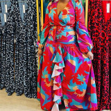 Spring women's retro printed deep v slit slim-fit long dress