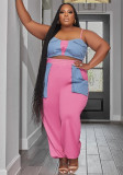 Plus Size Women's Style Patchwork Flap Pocket Loose Lace-Up Telemotion Casual Set