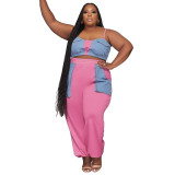 Plus Size Women's Style Patchwork Flap Pocket Loose Lace-Up Telemotion Casual Set