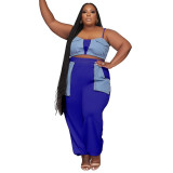 Plus Size Women's Style Patchwork Flap Pocket Loose Lace-Up Telemotion Casual Set