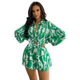 Loose Printed Long Shirt Casual Women's Shorts Set Summer Two-Piece Set