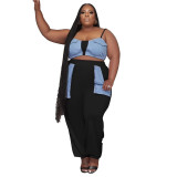 Plus Size Women's Style Patchwork Flap Pocket Loose Lace-Up Telemotion Casual Set