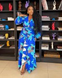 Spring women's retro printed deep v slit slim-fit long dress