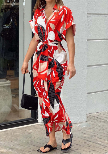 Summer Single Breasted Women Print Short Sleeve Shirt Dress