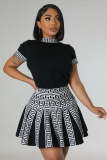 Fashion Print Round Neck Short Sleeve Pleated Two-Piece Skirt Set Female