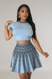 Fashion Print Round Neck Short Sleeve Pleated Two-Piece Skirt Set Female